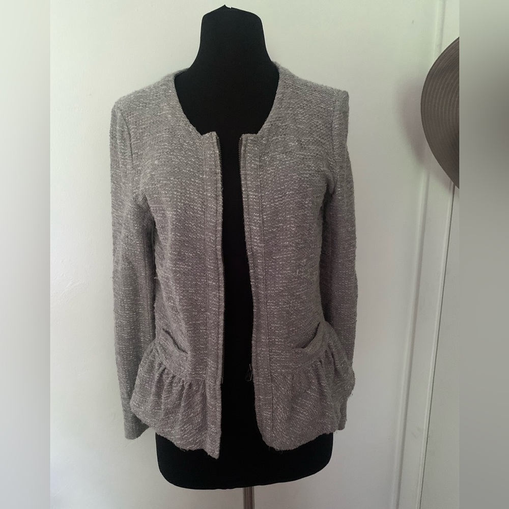 J Crew Boucle Knit Peplum Blazer Gray Zip Ruffle Preppy Office Sz Medium